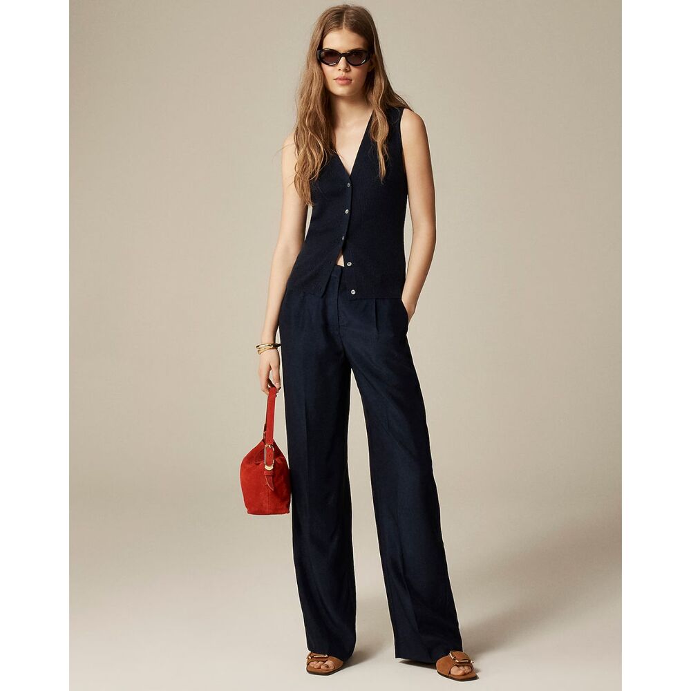 J.Crew Essential Wide-Leg Pant in Textured Satin in Navy